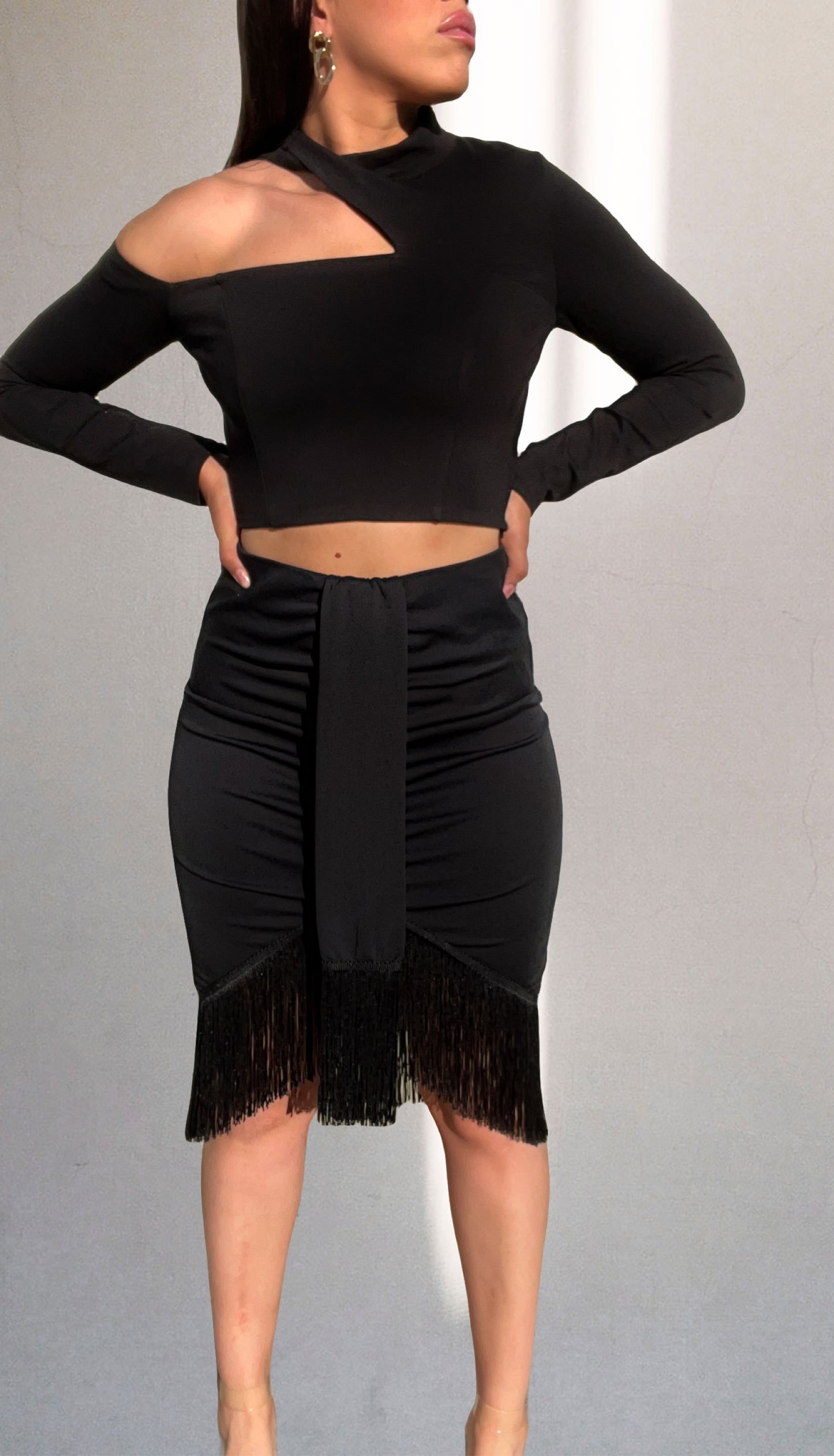 Black Stretchy Fringe Skirt